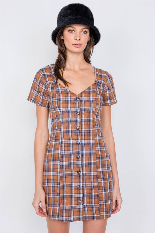Brown Multi Checkered Stripe Casual Open Back Vintage Mini Dress - Absolute Fashion 2020