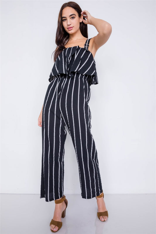 Stripe Buckle Shoulder Wide Leg Jumpsuit - Absolute Fashion 2020