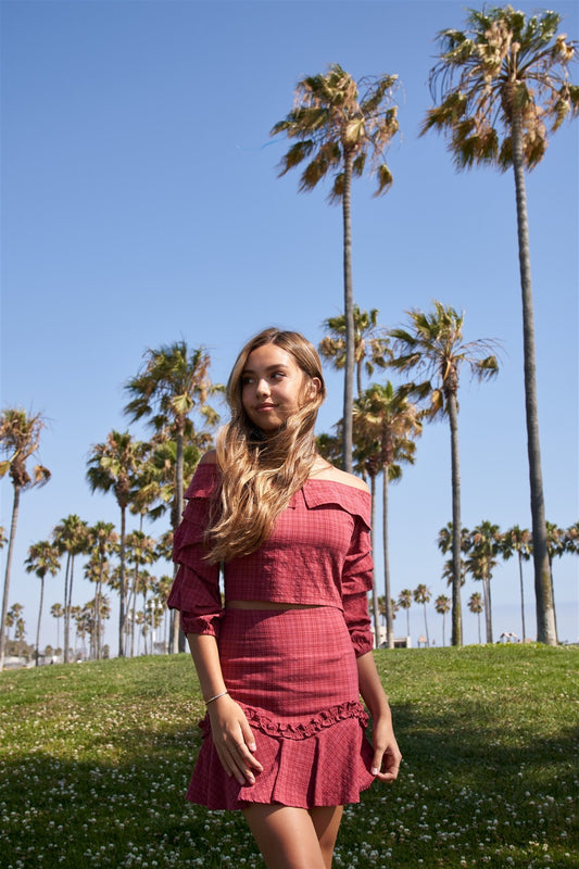 Raspberry Plaid Off-the Shoulder Retro Chic Crop Top & Mini Ruffle Skirt Set - Absolute Fashion 2020