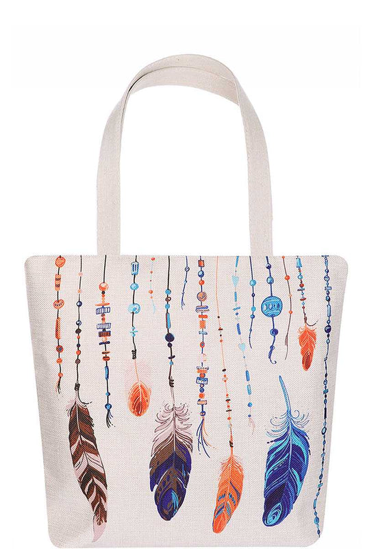 Stylish Multi Color Feather And Bead Print Ecco Tote Bag - Absolute Fashion 2020