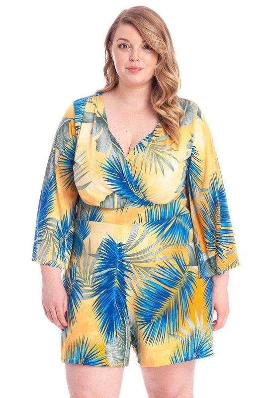 Tropical Leaf Print Kimono Sleeve Romper - Absolute Fashion 2020