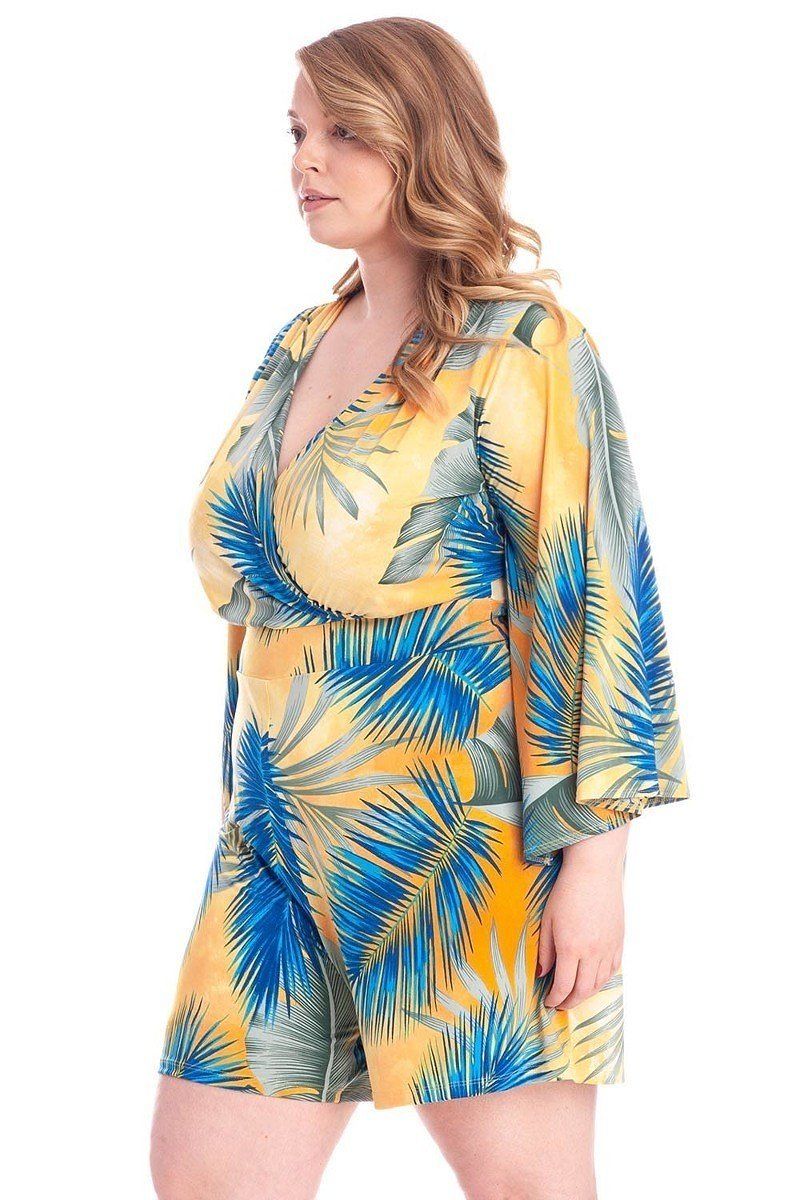 Tropical Leaf Print Kimono Sleeve Romper - Absolute Fashion 2020