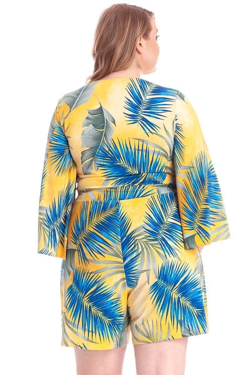 Tropical Leaf Print Kimono Sleeve Romper - Absolute Fashion 2020