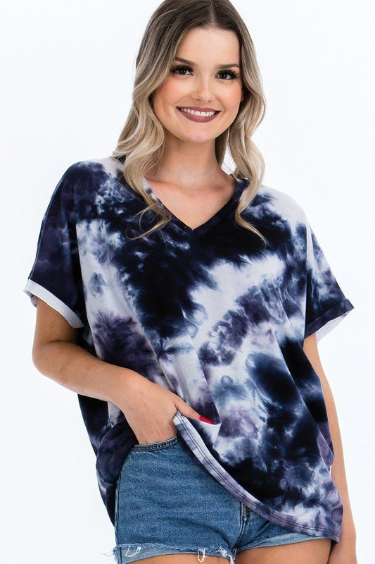 Tie-dye Top Featured In A V-neckline And Cuff Sort Sleeves - Absolute Fashion 2020