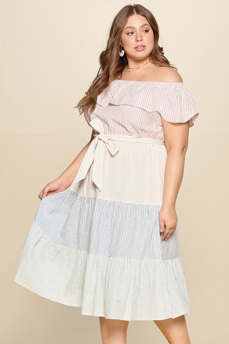 Tiered Off-shoulder Flounce Dress Featuring Stripe Details And Self Ties. - Absolute Fashion 2020