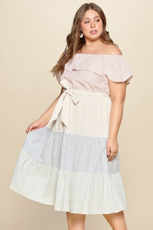 Tiered Off-shoulder Flounce Dress Featuring Stripe Details And Self Ties. - Absolute Fashion 2020