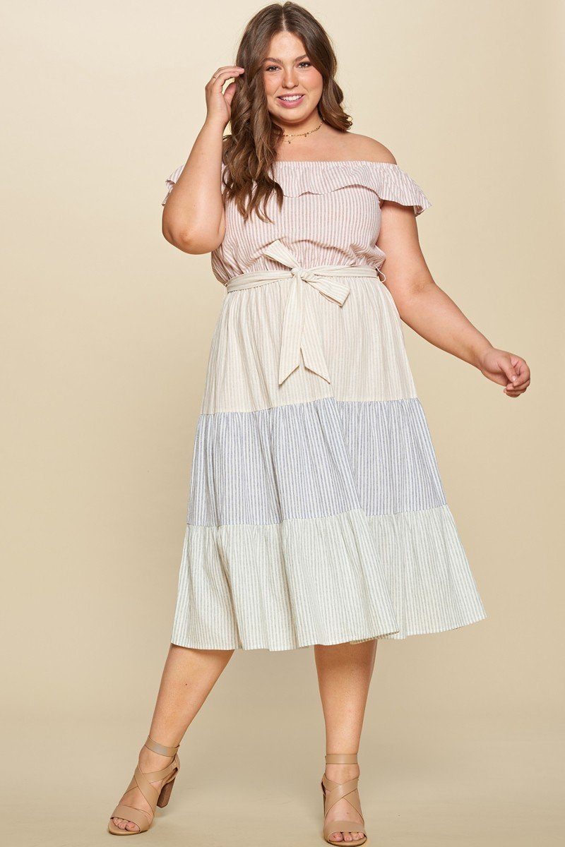 Tiered Off-shoulder Flounce Dress Featuring Stripe Details And Self Ties. - Absolute Fashion 2020
