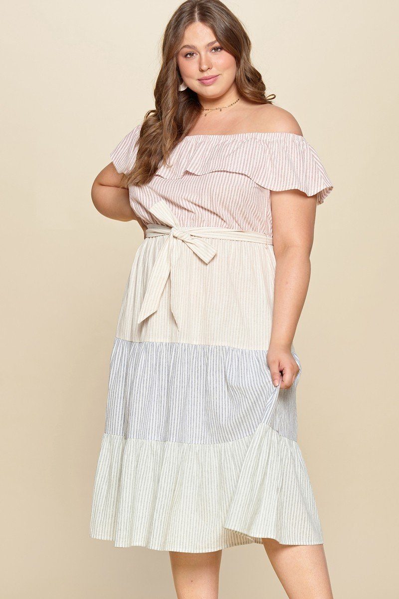 Tiered Off-shoulder Flounce Dress Featuring Stripe Details And Self Ties. - Absolute Fashion 2020