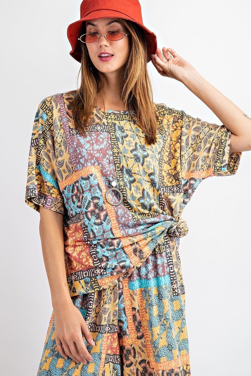 Tribal Printed Short Sleeve Terry Loose Fit Knit Top - Absolute Fashion 2020