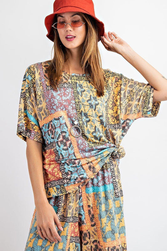 Tribal Printed Short Sleeve Terry Loose Fit Knit Top - Absolute Fashion 2020