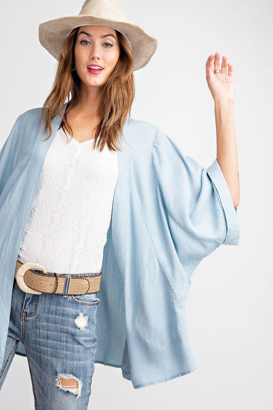 Soft And Lightweight Dolman Slvs Washed Denim Linen Look Open Cardigan - Absolute Fashion 2020
