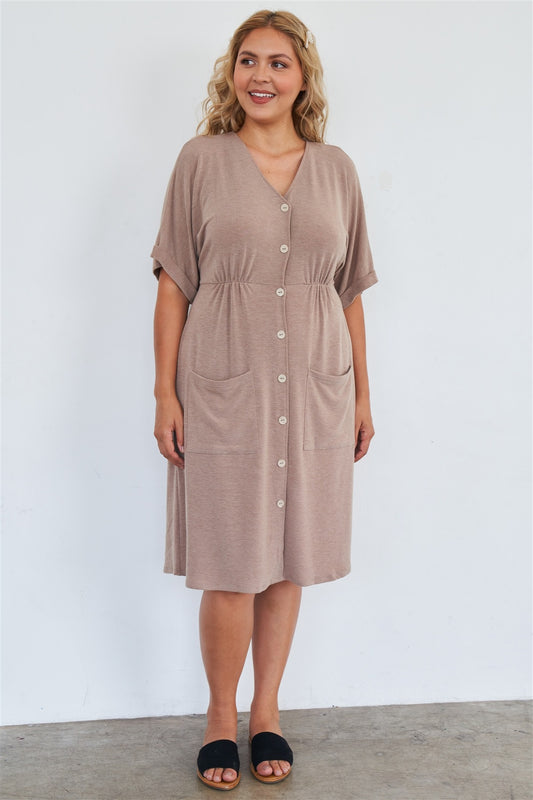 Comfy Mocha Fleece Short Sleeve Knee Length Button Up Dress - Absolute Fashion 2020