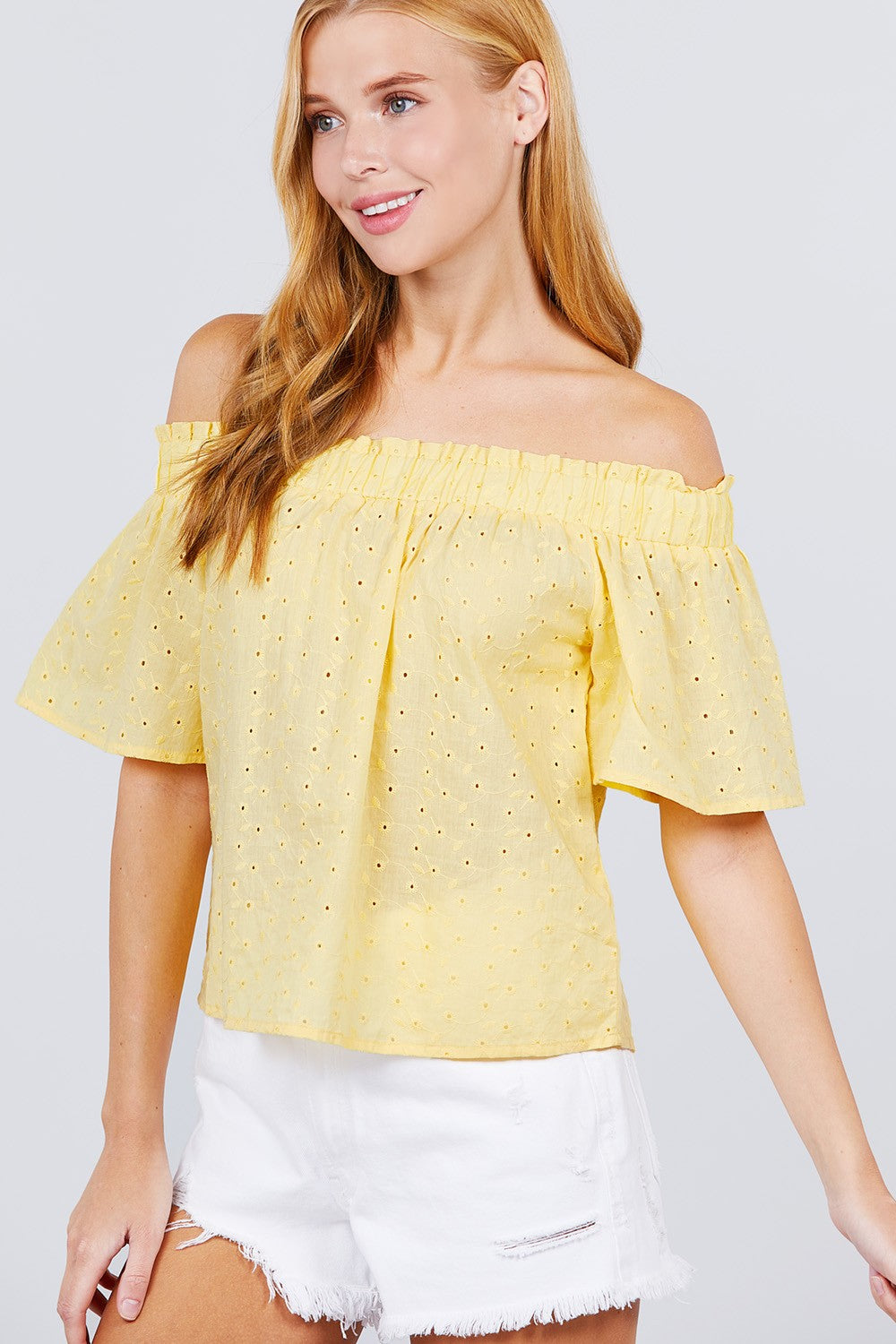 Short Sleeve Off The Shoulder Eyelet Woven Top - Absolute Fashion 2020