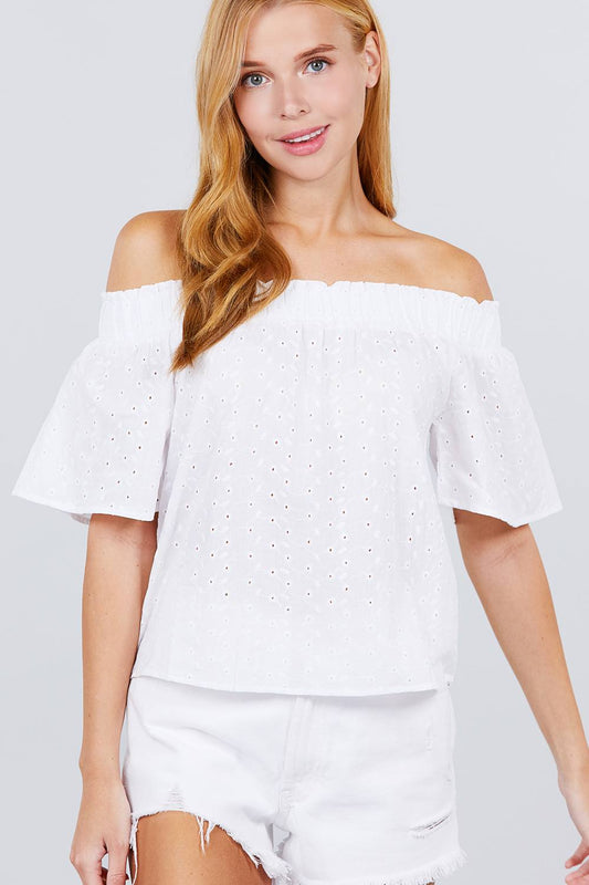 Short Sleeve Off The Shoulder Eyelet Woven Top - Absolute Fashion 2020