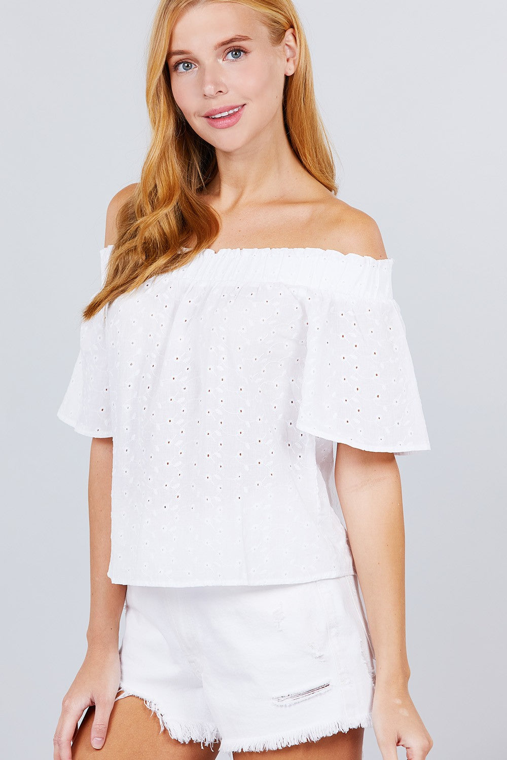 Short Sleeve Off The Shoulder Eyelet Woven Top - Absolute Fashion 2020