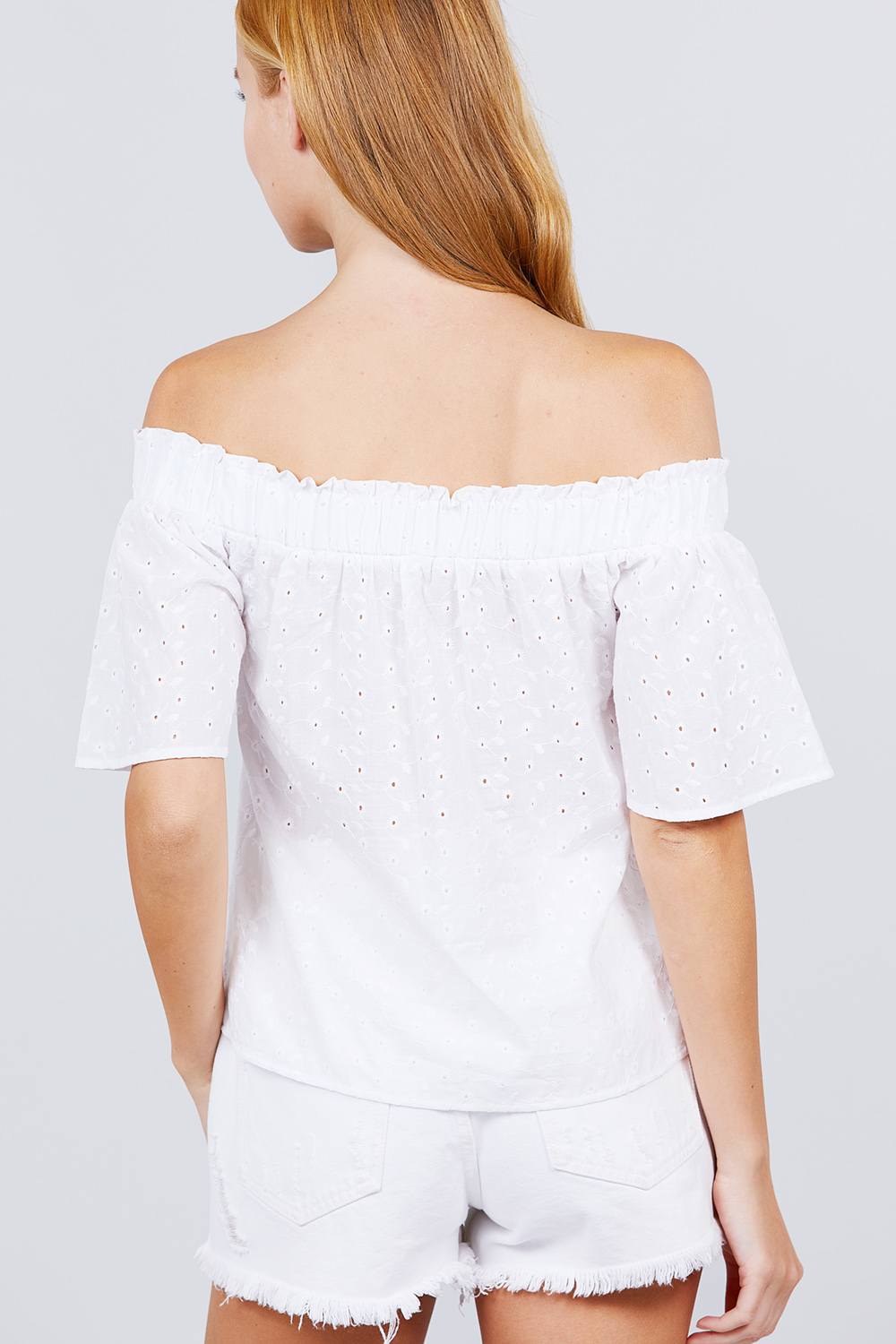 Short Sleeve Off The Shoulder Eyelet Woven Top - Absolute Fashion 2020