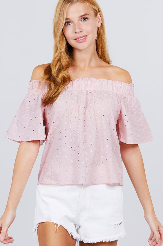 Short Sleeve Off The Shoulder Eyelet Woven Top - Absolute Fashion 2020