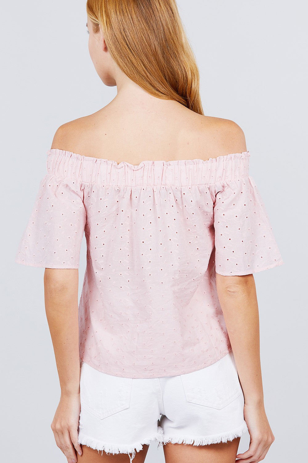 Short Sleeve Off The Shoulder Eyelet Woven Top - Absolute Fashion 2020