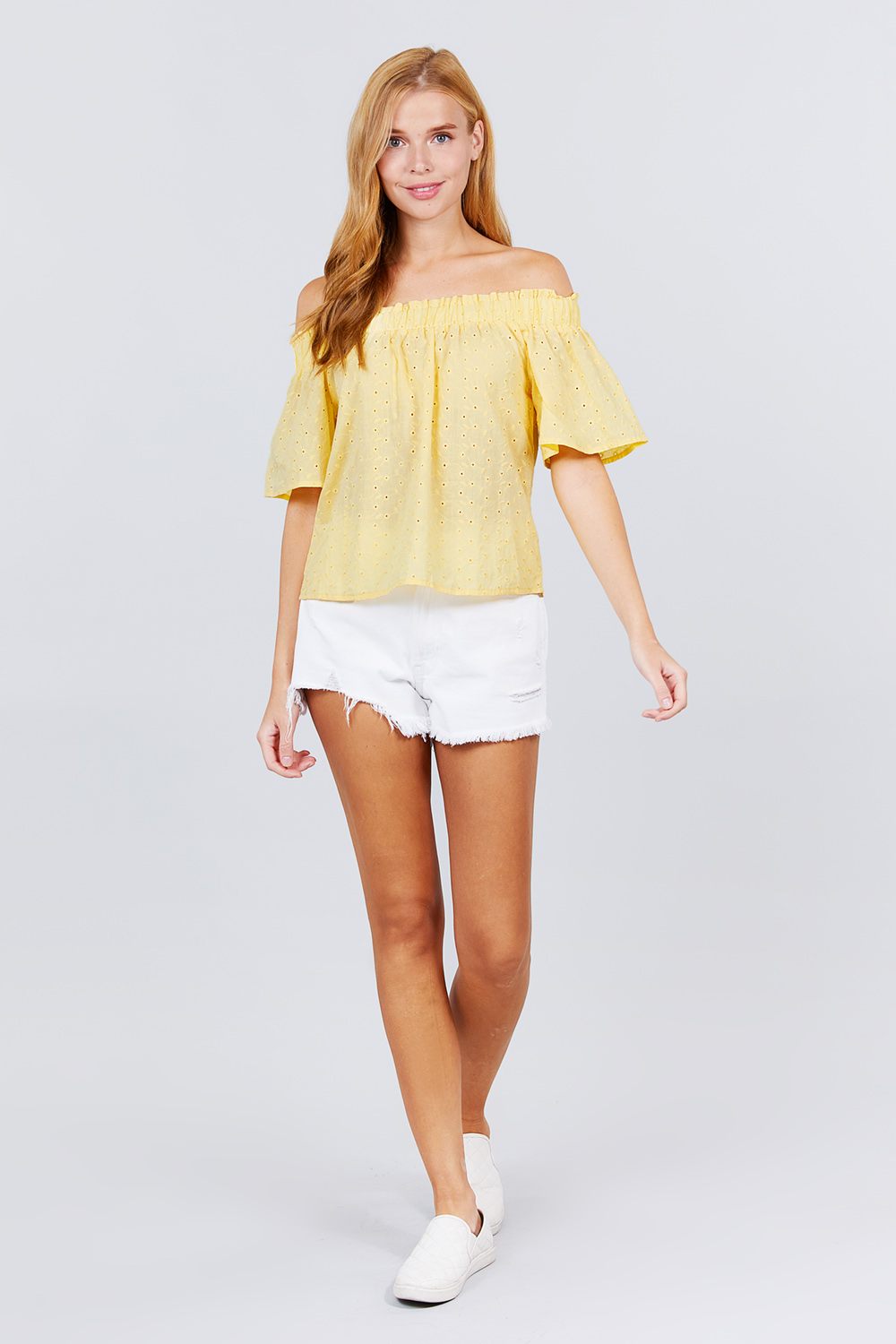Short Sleeve Off The Shoulder Eyelet Woven Top - Absolute Fashion 2020