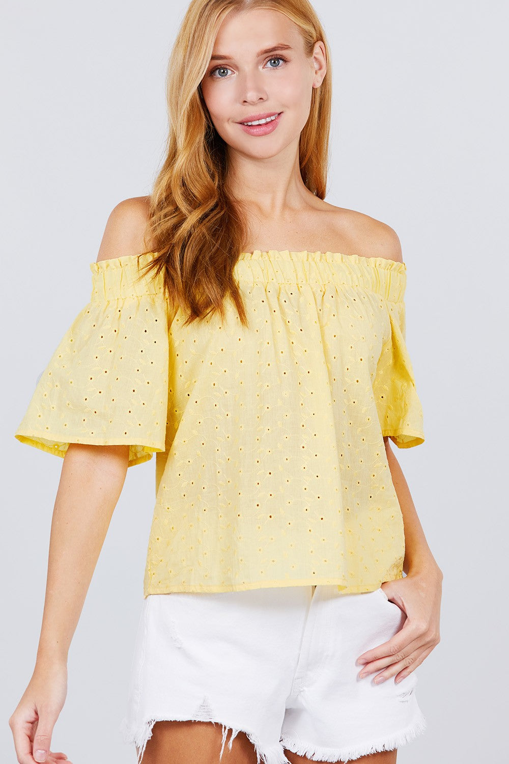 Short Sleeve Off The Shoulder Eyelet Woven Top - Absolute Fashion 2020