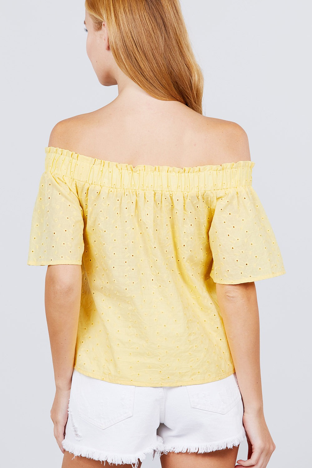 Short Sleeve Off The Shoulder Eyelet Woven Top - Absolute Fashion 2020