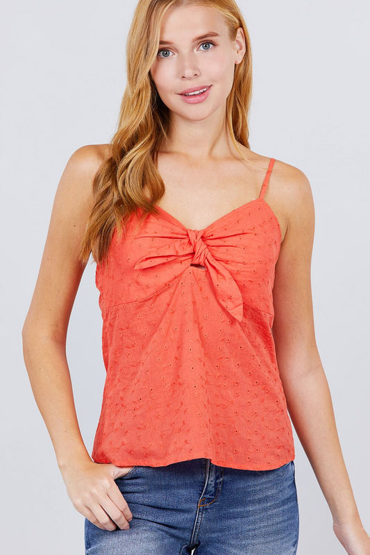 V-neck w/front bow tie eyelet woven cami top - Absolute Fashion 2020