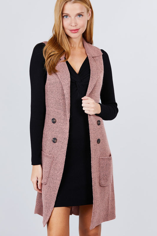 Sleeveless Notched Collar With Side Pocket Long Sweater Vest - Absolute Fashion 2020