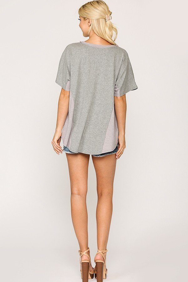 Rib Knit Mixed Dolman Sleeve Top With Round Hem - Absolute Fashion 2020