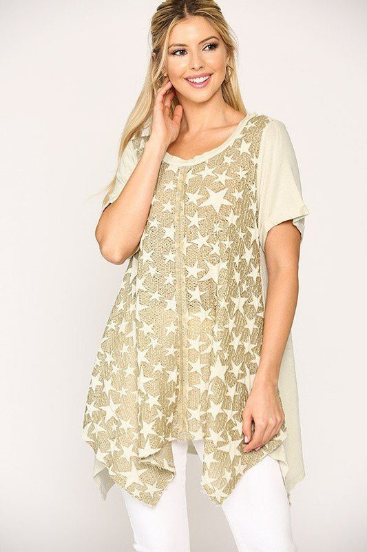 Star Textured Knit Mixed Tunic Top With Shark Bite Hem - Absolute Fashion 2020