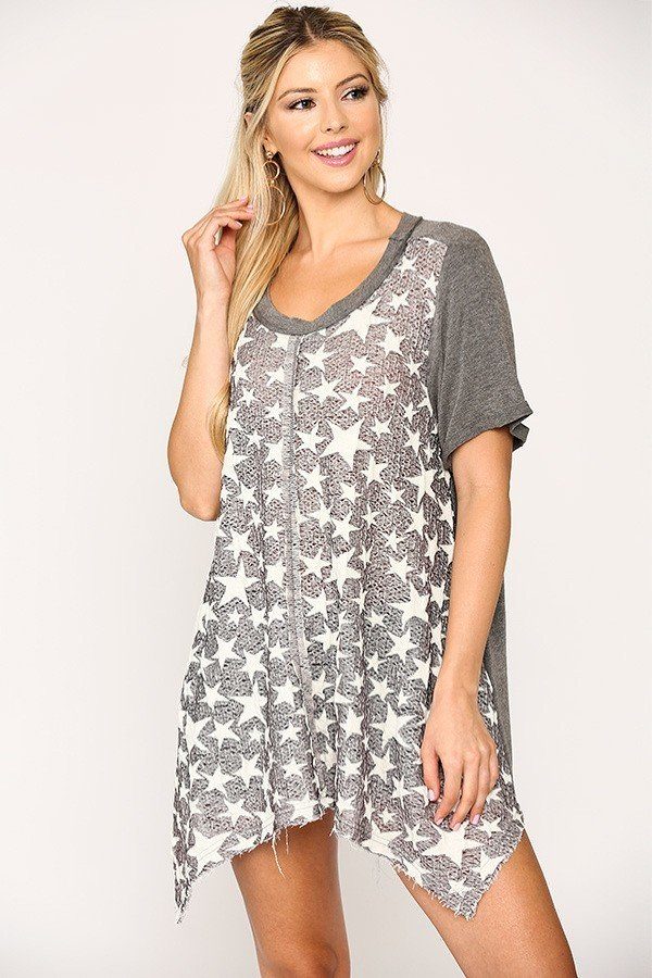 Star Textured Knit Mixed Tunic Top With Shark Bite Hem - Absolute Fashion 2020