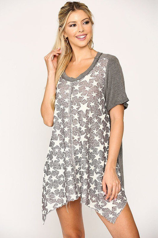 Star Textured Knit Mixed Tunic Top With Shark Bite Hem - Absolute Fashion 2020