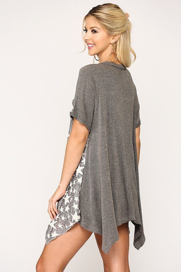 Star Textured Knit Mixed Tunic Top With Shark Bite Hem - Absolute Fashion 2020