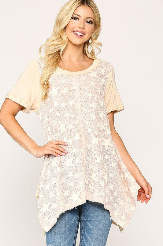 Star Textured Knit Mixed Tunic Top With Shark Bite Hem - Absolute Fashion 2020