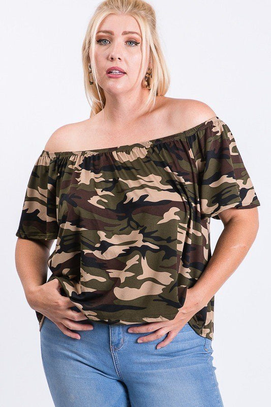 Camo Print Cool Off Shoulder Top - Absolute Fashion 2020