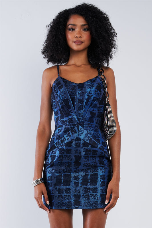 Cobalt Blue Black Pattern Printed Disco Mini Dress - Absolute Fashion 2020