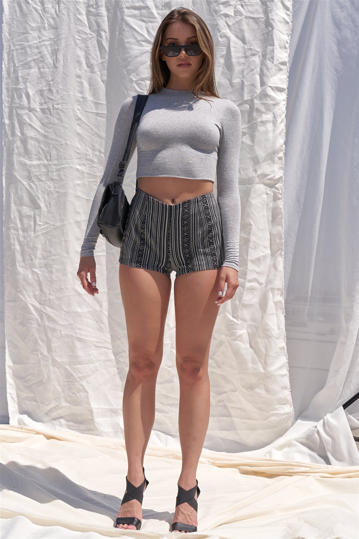 Boho Black And Grey Multiple Geometric Inscription Motif Vertical Stripe Pattern Mini Shorts With Elasticized Back Waistband - Absolute Fashion 2020