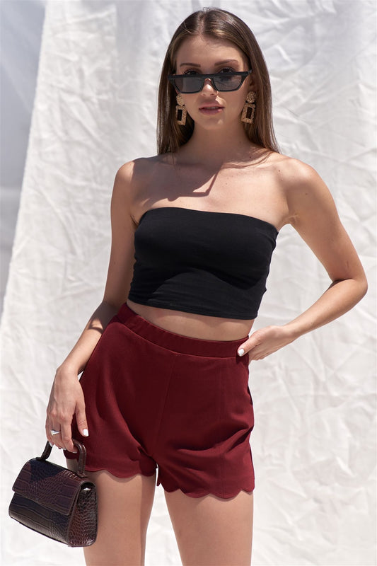 Solid Burgundy Red High Waist Elasticized Waistband Unlined Mini Shorts With Scalloped Bottom Hem - Absolute Fashion 2020
