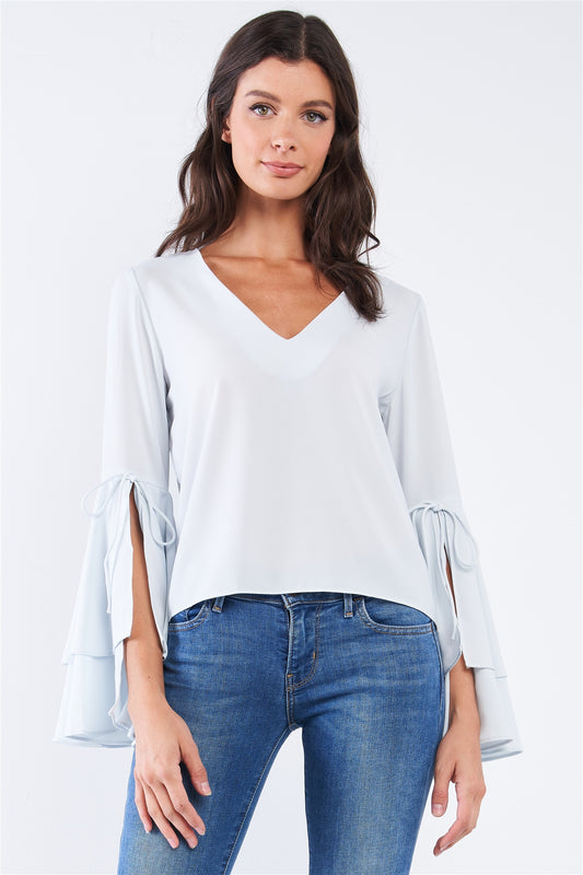 V-neck Long Bluebell Slit Draw String Tie Double Frill Sleeve Top - Absolute Fashion 2020