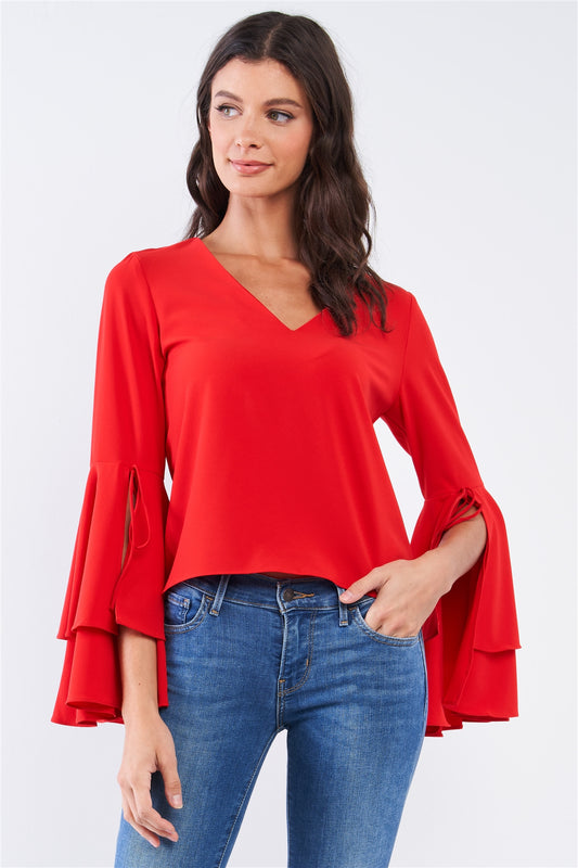 V-neck Long Bluebell Slit Draw String Tie Double Frill Sleeve Top - Absolute Fashion 2020