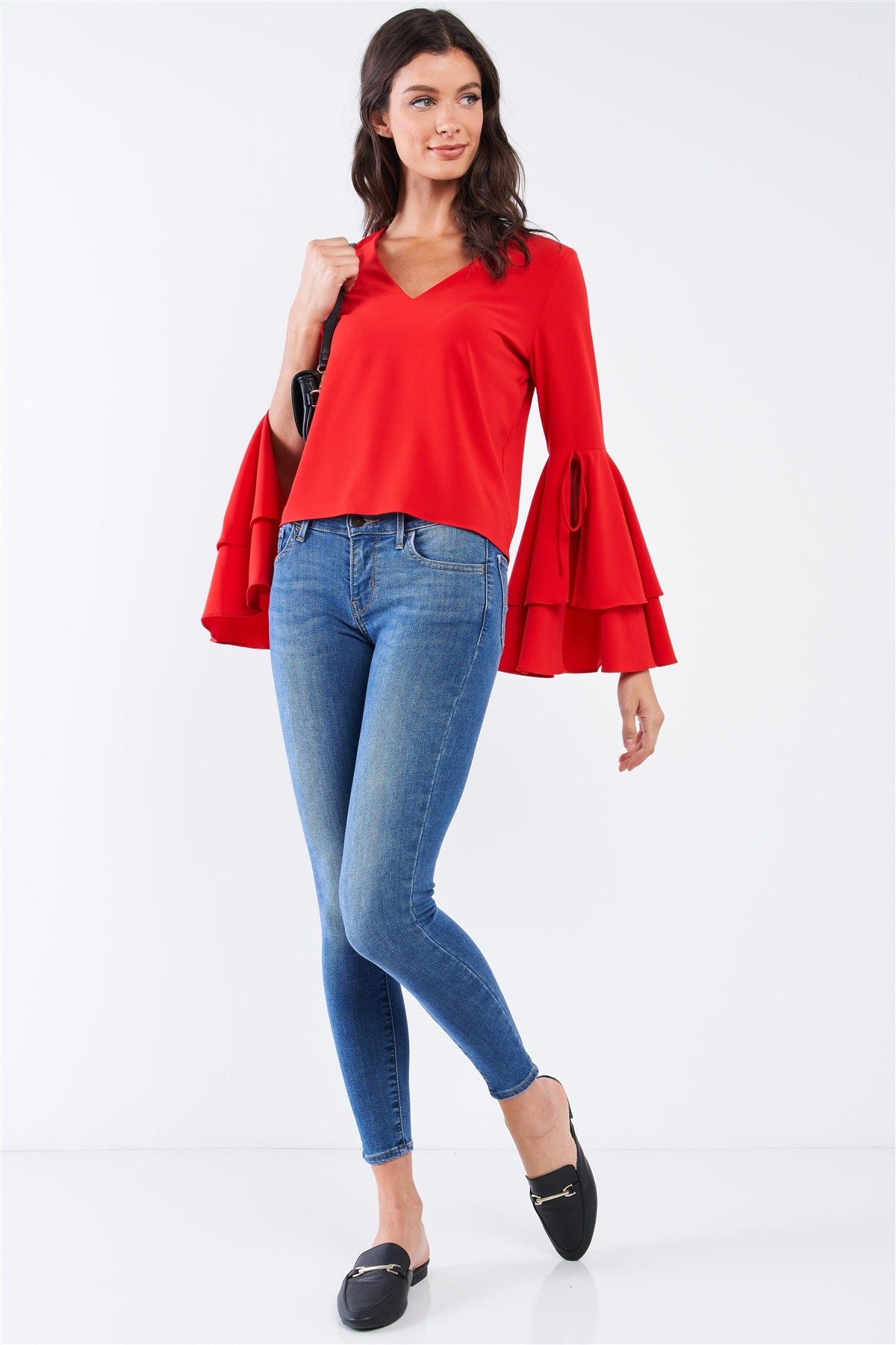 V-neck Long Bluebell Slit Draw String Tie Double Frill Sleeve Top - Absolute Fashion 2020