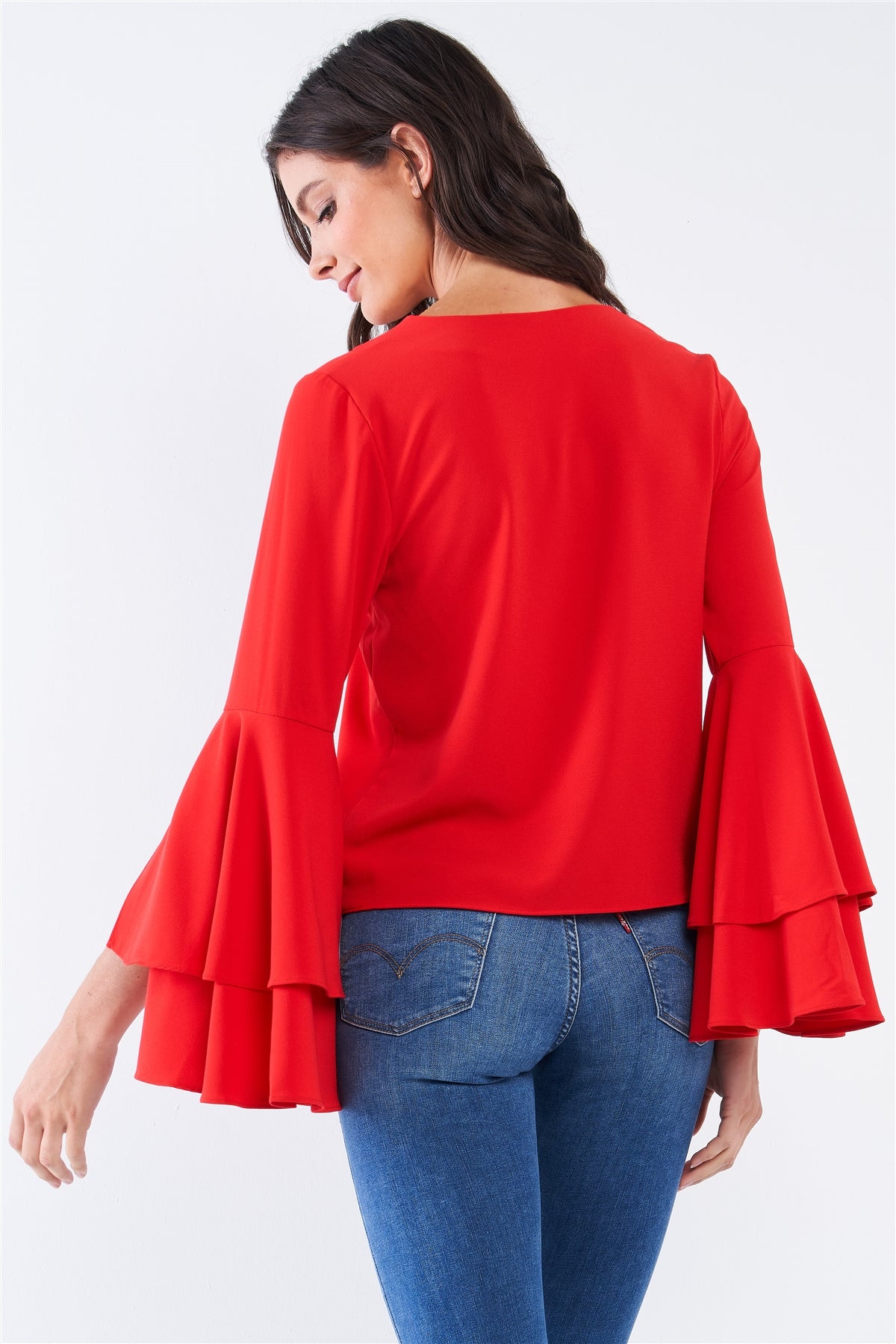 V-neck Long Bluebell Slit Draw String Tie Double Frill Sleeve Top - Absolute Fashion 2020
