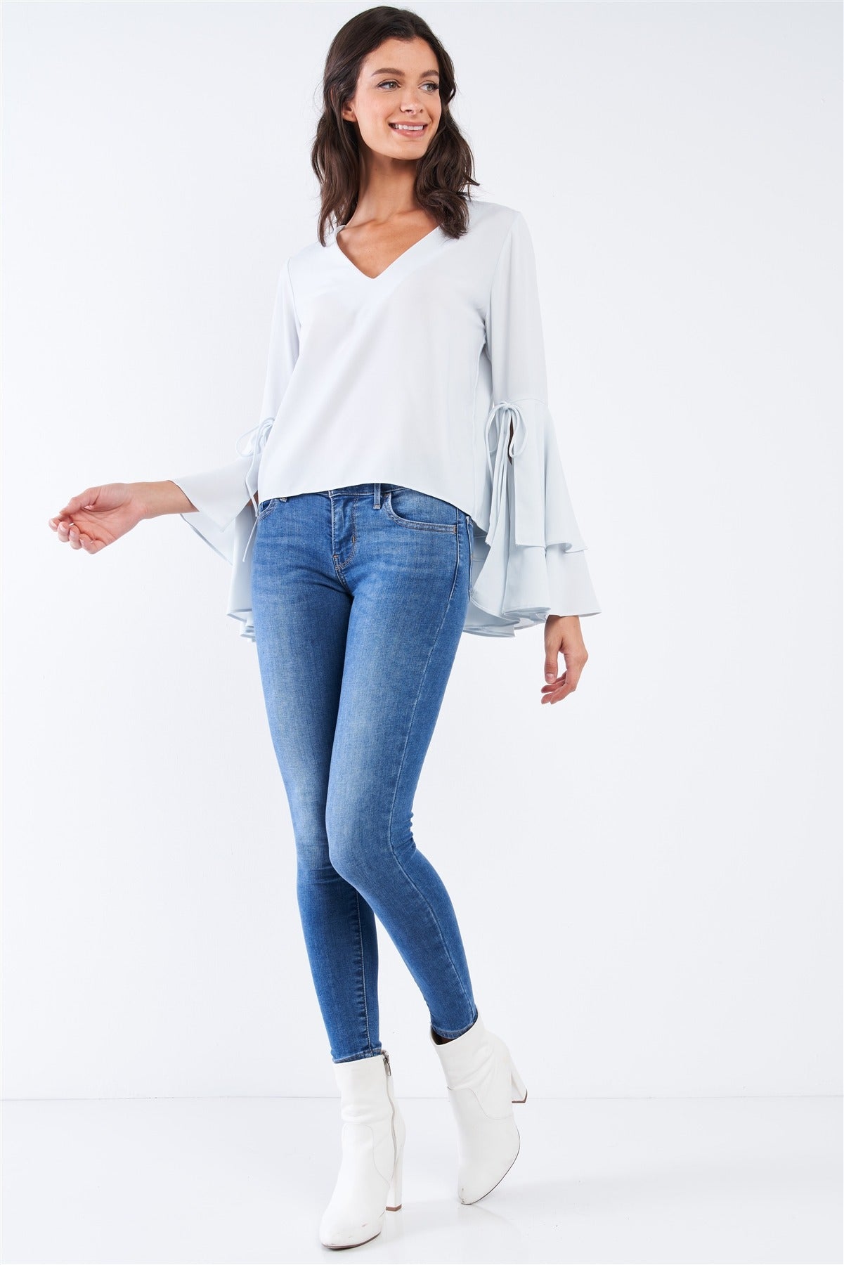 V-neck Long Bluebell Slit Draw String Tie Double Frill Sleeve Top - Absolute Fashion 2020
