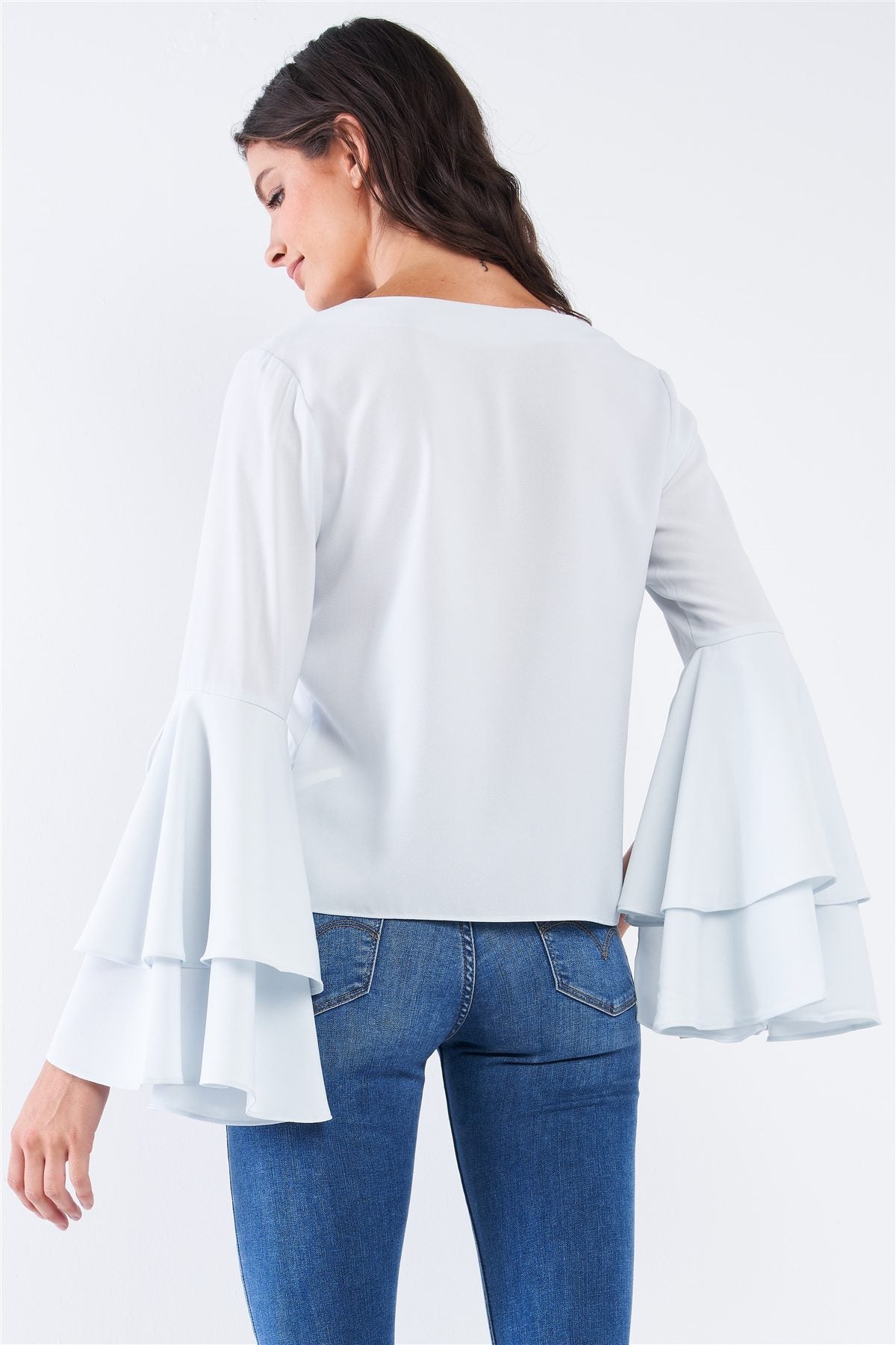 V-neck Long Bluebell Slit Draw String Tie Double Frill Sleeve Top - Absolute Fashion 2020