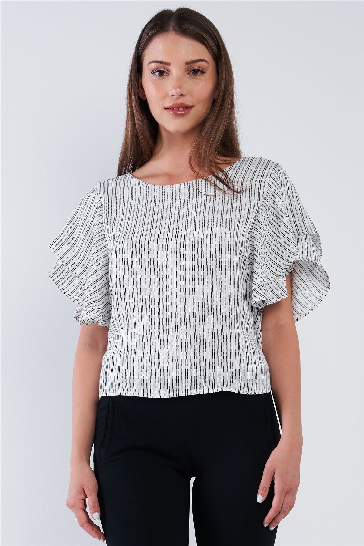 White Black Striped Ruffled Sleeve Backless Belted Blouse Top - Absolute Fashion 2020