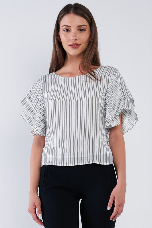 White Black Striped Ruffled Sleeve Backless Belted Blouse Top - Absolute Fashion 2020