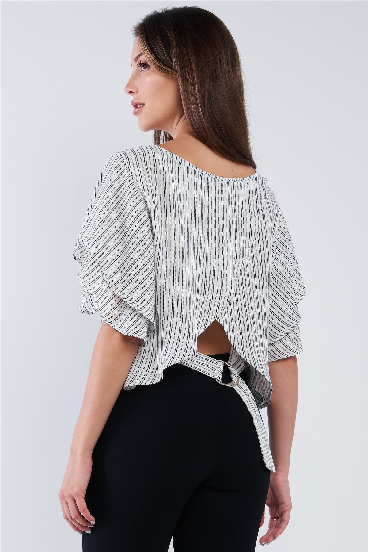 White Black Striped Ruffled Sleeve Backless Belted Blouse Top - Absolute Fashion 2020