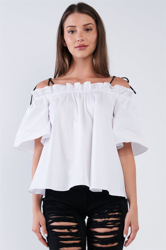 White Cotton Relaxed Fit Stretchy Ruffle Hem Off-the-shoulder Top With Black Self Tie Strings - Absolute Fashion 2020