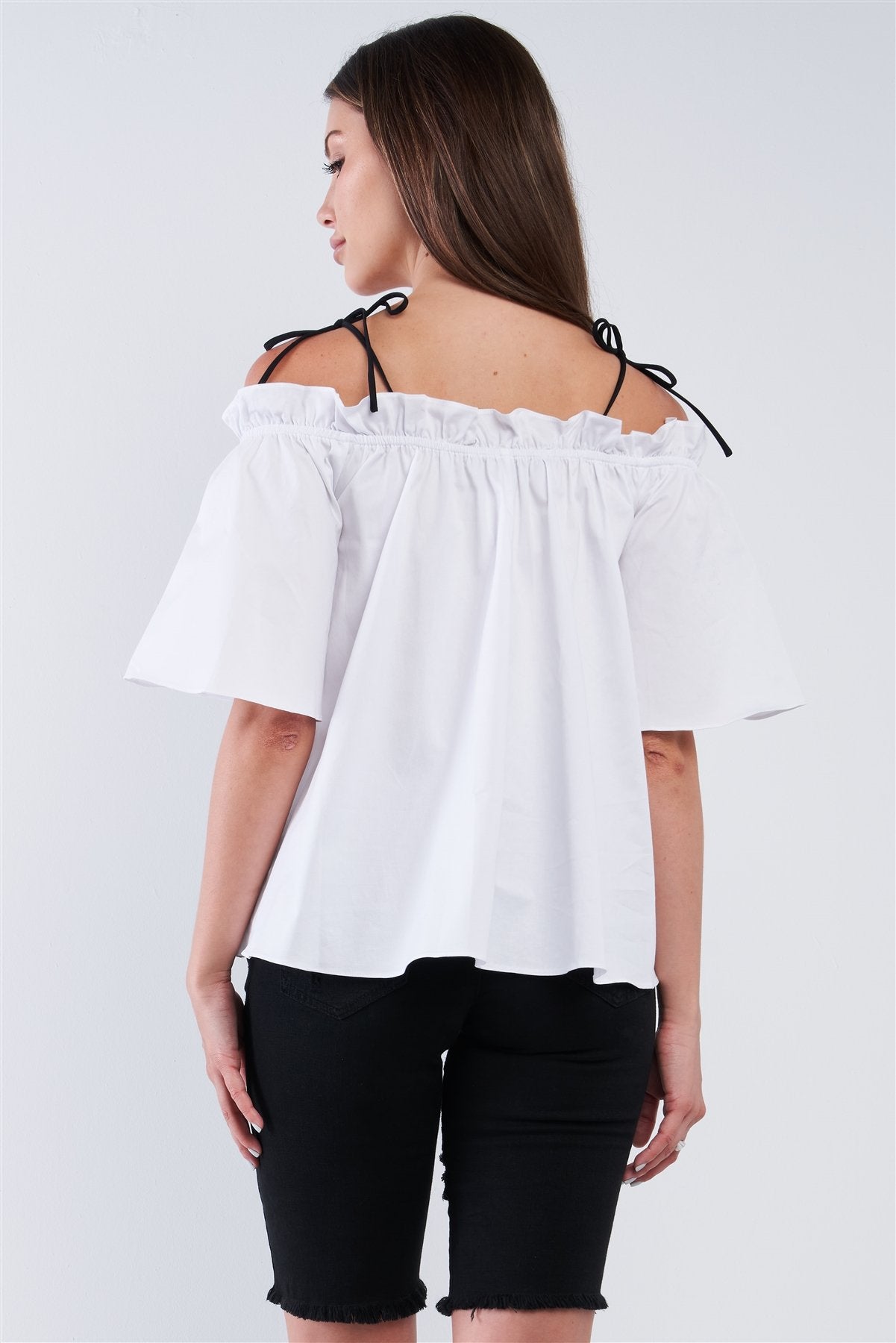 White Cotton Relaxed Fit Stretchy Ruffle Hem Off-the-shoulder Top With Black Self Tie Strings - Absolute Fashion 2020