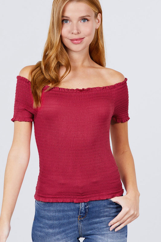 Short Sleeve Off The Shoulder Smocked Rayon Spandex Top - Absolute Fashion 2020