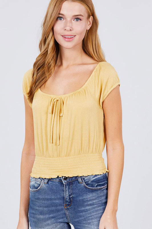 Short Puff Sleeve Front Tie Detail Smocked Waist Knit Gauze Top - Absolute Fashion 2020